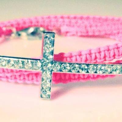 Cross with pink cord wrap bracelet / macrame / rhinestone cross connector / stacking bracelet