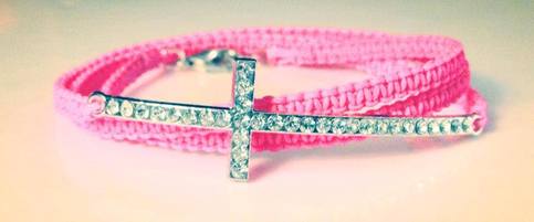 Cross with pink cord wrap bracelet / macrame / rhinestone cross connector / stacking bracelet