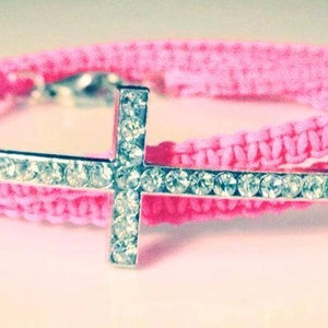 Cross with pink cord wrap bracelet / macrame / rhinestone cross connector / stacking bracelet - Thumbnail 1