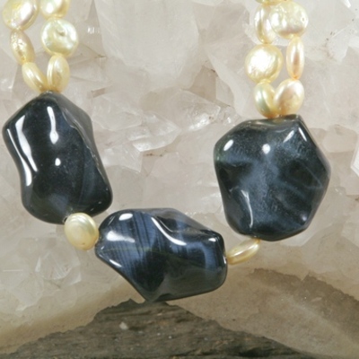 Yellow pearls and blue tiger eye necklace