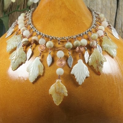 Serpentine leaves on silver chain necklace