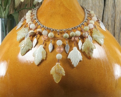 Serpentine Leaves on Silver Chain Necklace