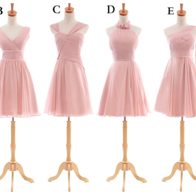 Knee length blush pink different neckline bridesmaid dress