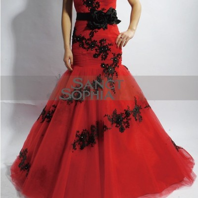 Mermaid red and black lace wedding dress