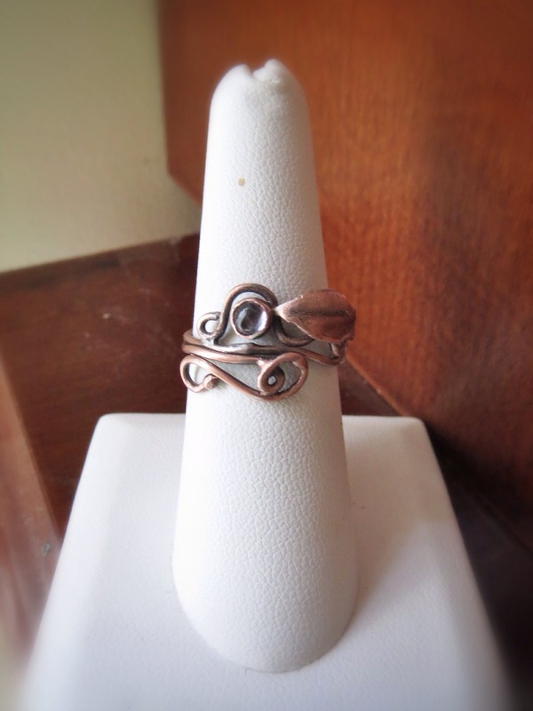 Copper leaf and vine ring with Iolite Cabochon