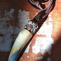 Horn Pendant Necklace on Brown Leather Lace - Thumbnail 1
