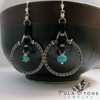 Woven Sterling, Leather and Turquoise Dangles