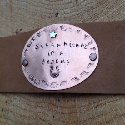 Whiskey in a teacup hand stamped bracelet