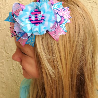Blue & pink anchor hair bow set/nautical/photo prop