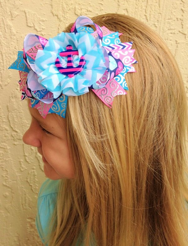 Blue & Pink Anchor Hair Bow Set/Nautical/Photo Prop