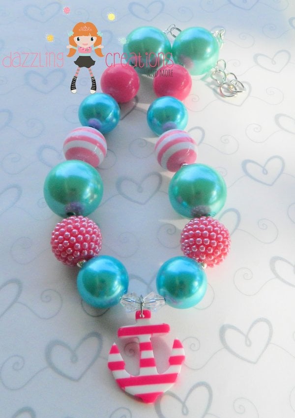 Pink/Teal Anchor Chunky Necklace/Nautical/Photo Prop