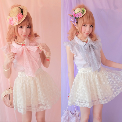 [3 Colors] Floral Lace Cotton Top With Big Bow SP141109