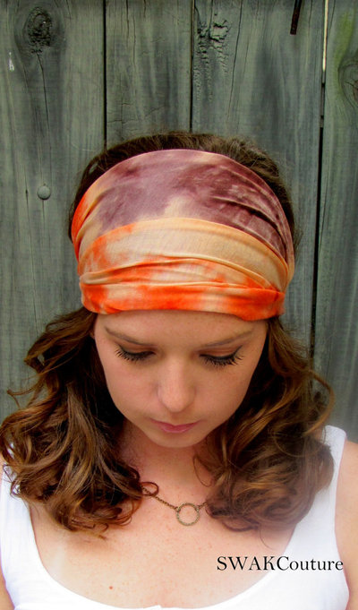 Yoga headband orange brown tie dye cotton stretchy jersey wide headband wide head wrap women's turban headband or choose color