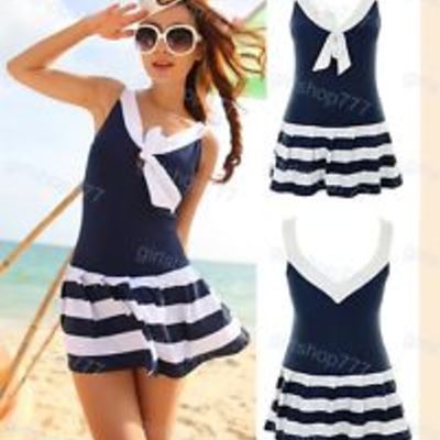  nautical marine stripes navy one piece layered ruffle swimwear