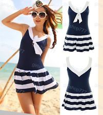  nautical marine stripes navy one piece layered ruffle swimwear