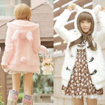 Cute bunny ears sherpa hoodie jacket coat outerwear 2 color