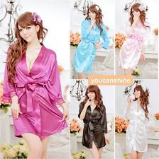 Satin lace robe sleepwear lingerie night dress g-string pajamas