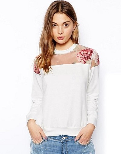 White Sweater with See Thru Floral detail