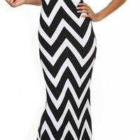 Chevron Mock Neck Maxi Dress-Black White - Thumbnail 1