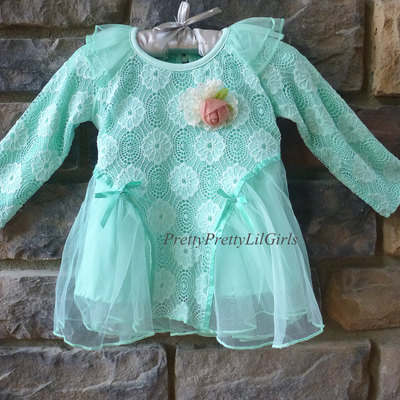 Girls tunic, girls aqua shirt, aqua dress, girls lace shirt, girls clothes, little girls clothes, girls long sleeve, girls fall outfit - Thumbnail 1