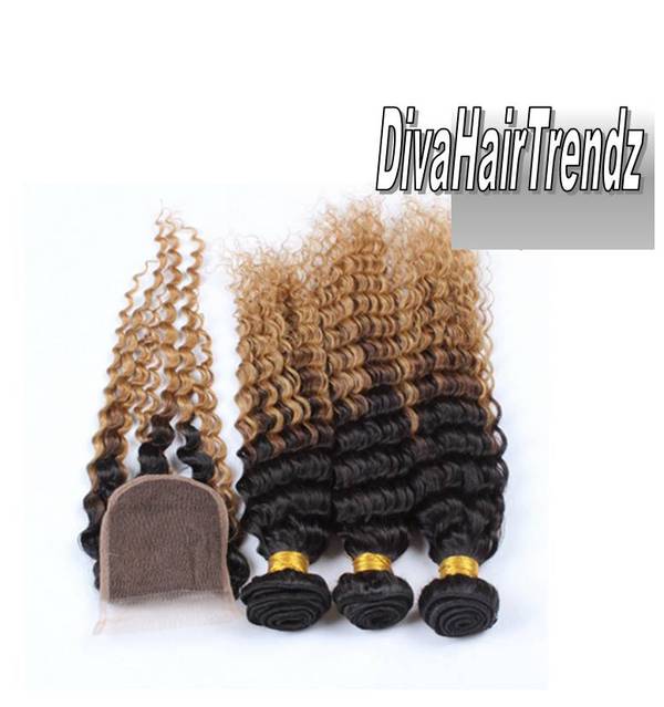 18", 20" & 22" Brazilian Exotic Deep Curly Black to Honey Blonde OMBRE [3 Bundles + CLOSURE] *New*