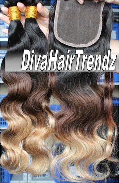 14" brazilian remy body wave 3 shade black to brown to platinum ombre w/closure  [3 bundles w/ 12" closure]