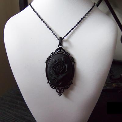 Gothic victorian black rose cameo pendant necklace