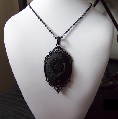 Gothic Victorian black rose cameo pendant necklace