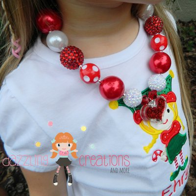 Red heart christmas chunky necklace/red green/photo props/bubblegum beads/girls jewelry/head band 
