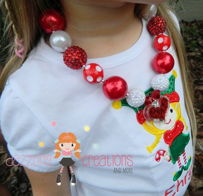 Red heart christmas chunky necklace/red green/photo props/bubblegum beads/girls jewelry/head band 
