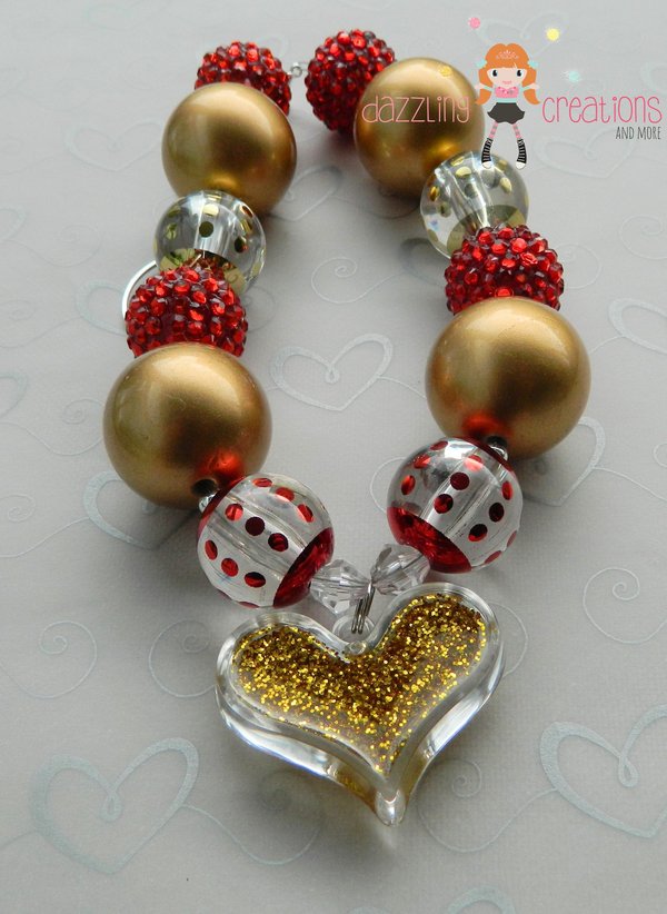 Gold Heart Christmas Chunky Necklace/Red Green/Photo Props/Bubblegum Beads/Girls Jewelry