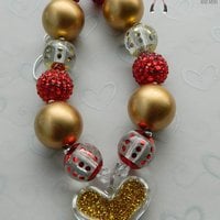 Gold Heart Christmas Chunky Necklace/Red Green/Photo Props/Bubblegum Beads/Girls Jewelry - Thumbnail 2