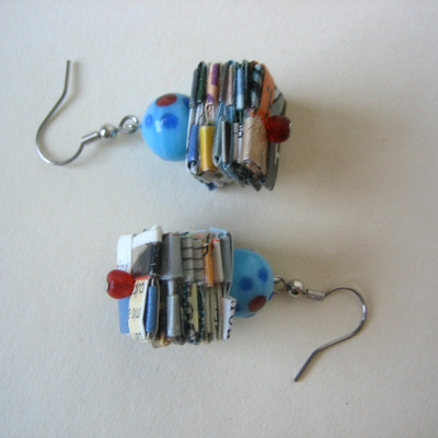 Eco earrings - junk mail and magazines embellished with blue glass beads