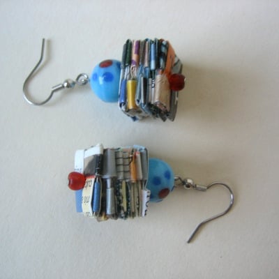 Eco Earrings - Junk Mail and Magazines Embellished with Blue Glass Beads