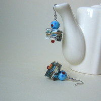 Eco Earrings - Junk Mail and Magazines Embellished with Blue Glass Beads - Thumbnail 2