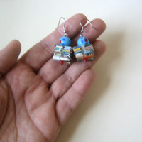 Eco Earrings - Junk Mail and Magazines Embellished with Blue Glass Beads - Thumbnail 3