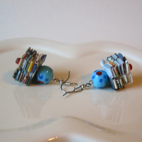 Eco Earrings - Junk Mail and Magazines Embellished with Blue Glass Beads - Thumbnail 1