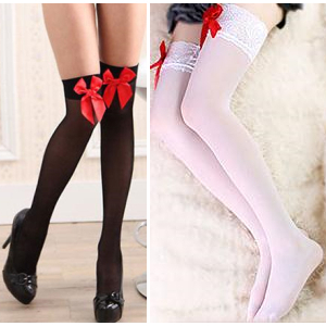 Cosplay Black/White Stockings with Red Bow Free Ship SP141228