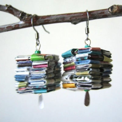 Stacked Paper Earrings With Green Glass Beads