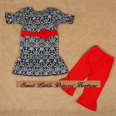 Damask and red ruffled pants set