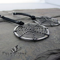 Sterling and Leather Steampunk Spider Web Earrings