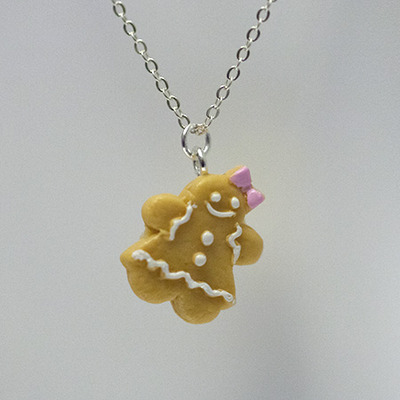 Kawaii cute miniature food necklaces - gingerbread cookies pink bow with sterling silver chain