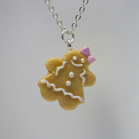 Kawaii Cute Miniature Food Necklaces - GingerBread Cookies PINK Bow with Sterling Silver Chain - Thumbnail 1