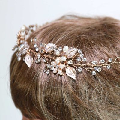 Faux pearl gold bridal wedding rhinestone crystal gold flower vines hair tiara