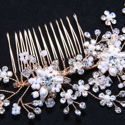 Faux pearl gold hair comb,bridal wedding bride rhinestone crystal art deco