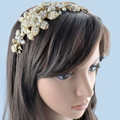 Faux pearl gold bridal wedding bride rhinestone crystal gold hair headband