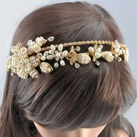 Faux Pearl Gold Bridal Wedding Bride Rhinestone Crystal Gold Hair Headband - Thumbnail 1