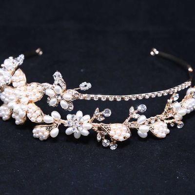 Faux pearl gold bridal wedding bride rhinestone crystal gold hair headband