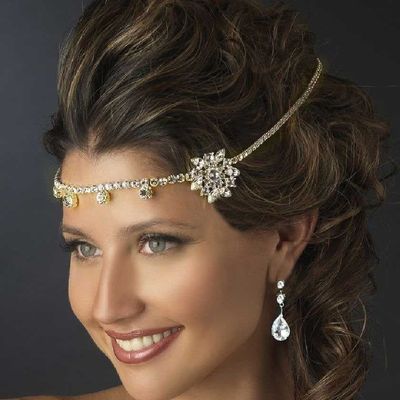 Wedding bridal dangle drop bride head rhinestone crystal gold hair chain tiara - Thumbnail 3