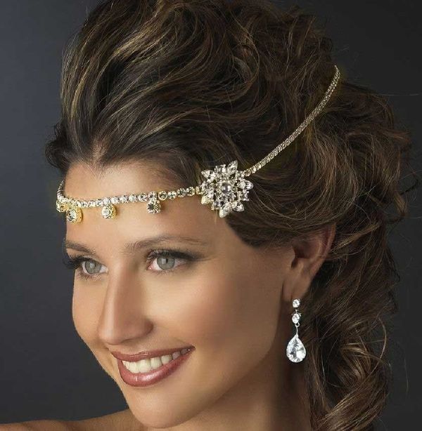 WEDDING BRIDAL DANGLE DROP BRIDE HEAD RHINESTONE CRYSTAL GOLD HAIR CHAIN TIARA
